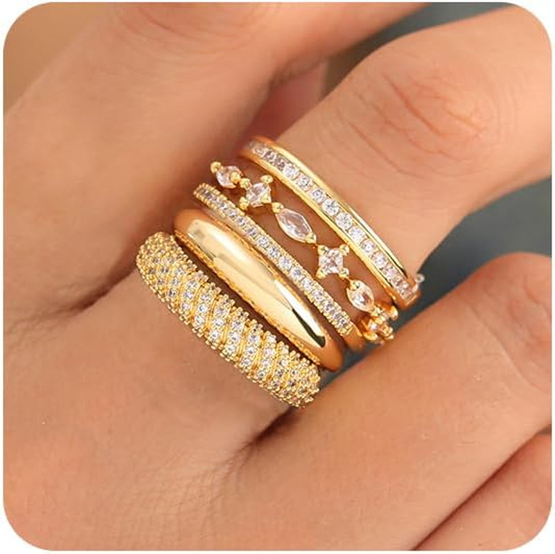 Stackable Gold Rings for Women Non Tarnish Trendy Dainty 14K Gold Plated Stacking Cubic Zirconia Thumb Ring Set Pack Statement Chunky Band Rings Promise Engagement Rings Size 7 8 9 10 11