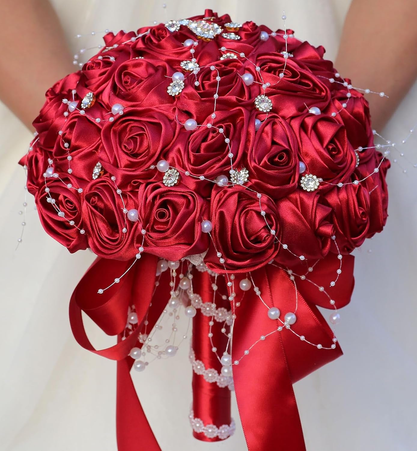 Bridal Wedding Bouquet round Bling Brooch Bouquet Throw Toss Artificial Rose Flower Bunch for Bride Bridesmaid Wedding Quinceanera(White & Black, 7.5")