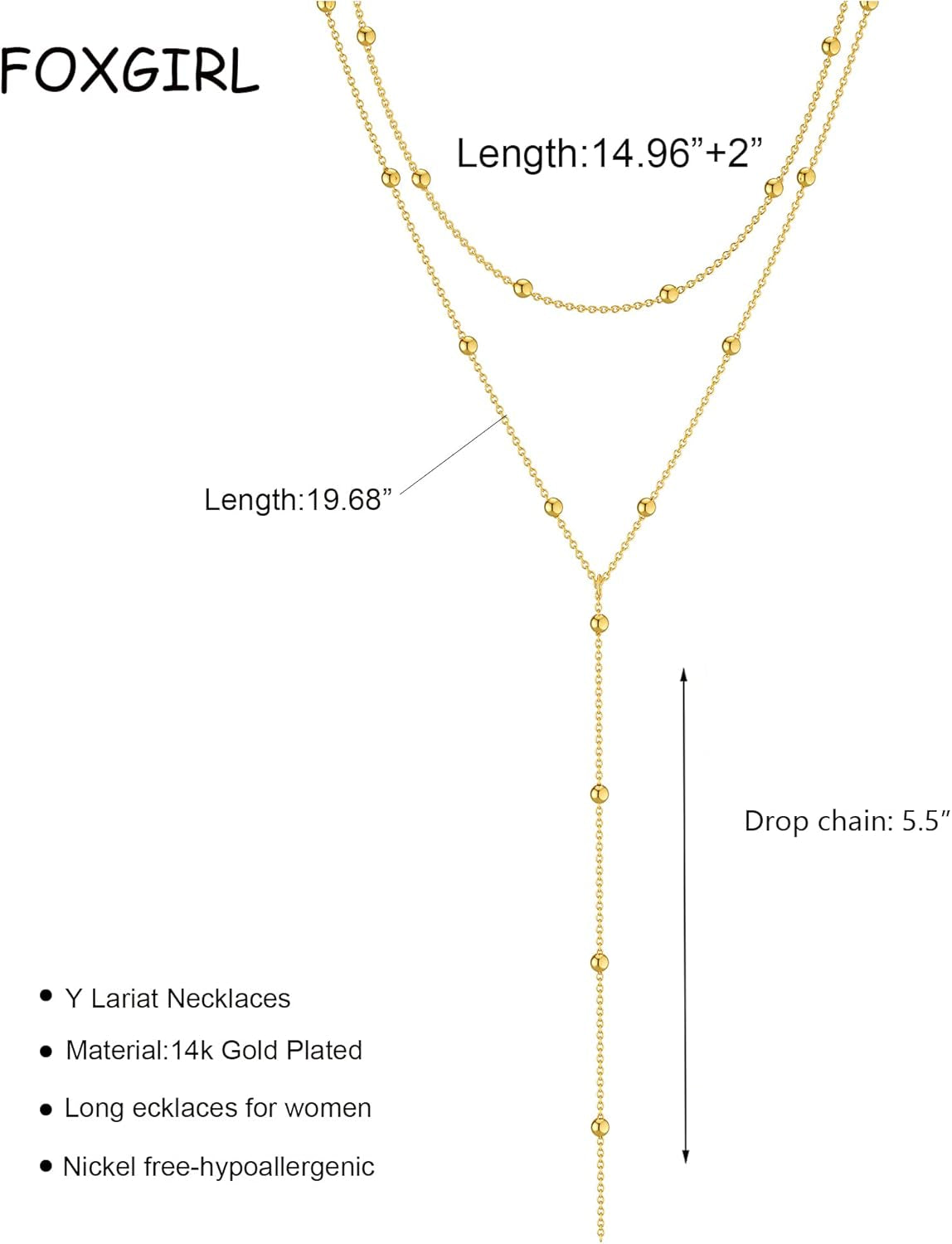Lariat Gold Necklace for Women, Dainty Long Necklace 14K Gold Plated/Silver Y-Shaped Pendant Necklace Trendy Layered Cz Beaded Chain Drop Necklaces Simple Gold Jewelry for Women Gift