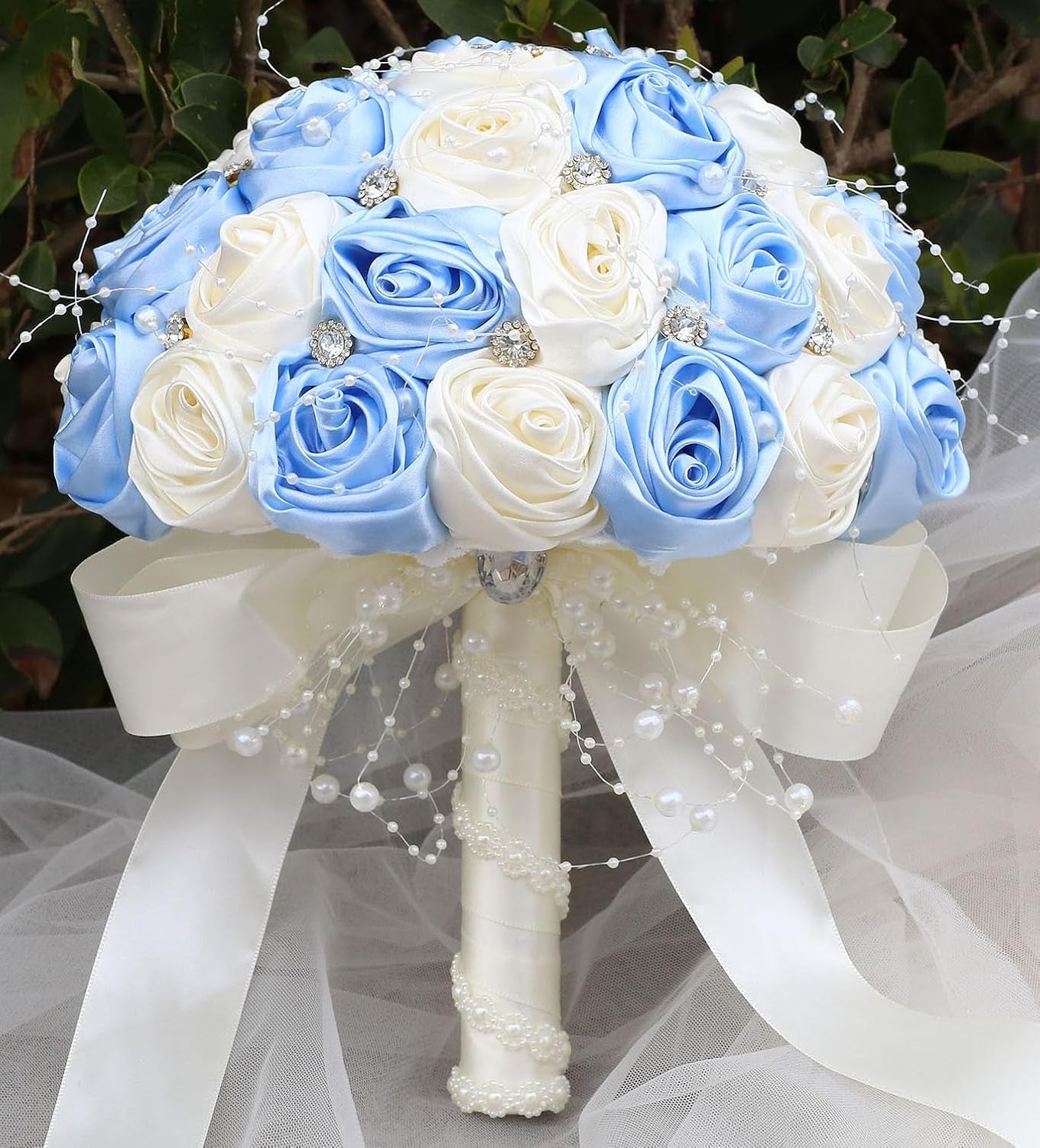 Bridal Wedding Bouquet round Bling Brooch Bouquet Throw Toss Artificial Rose Flower Bunch for Bride Bridesmaid Wedding Quinceanera(White & Black, 7.5")