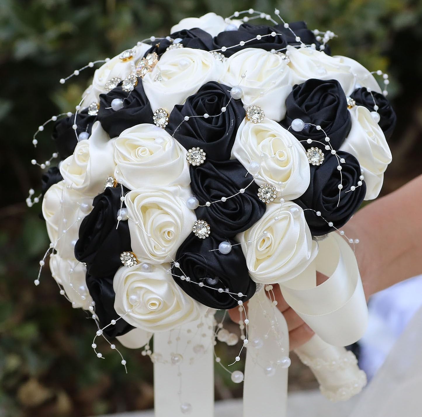Bridal Wedding Bouquet round Bling Brooch Bouquet Throw Toss Artificial Rose Flower Bunch for Bride Bridesmaid Wedding Quinceanera(White & Black, 7.5")