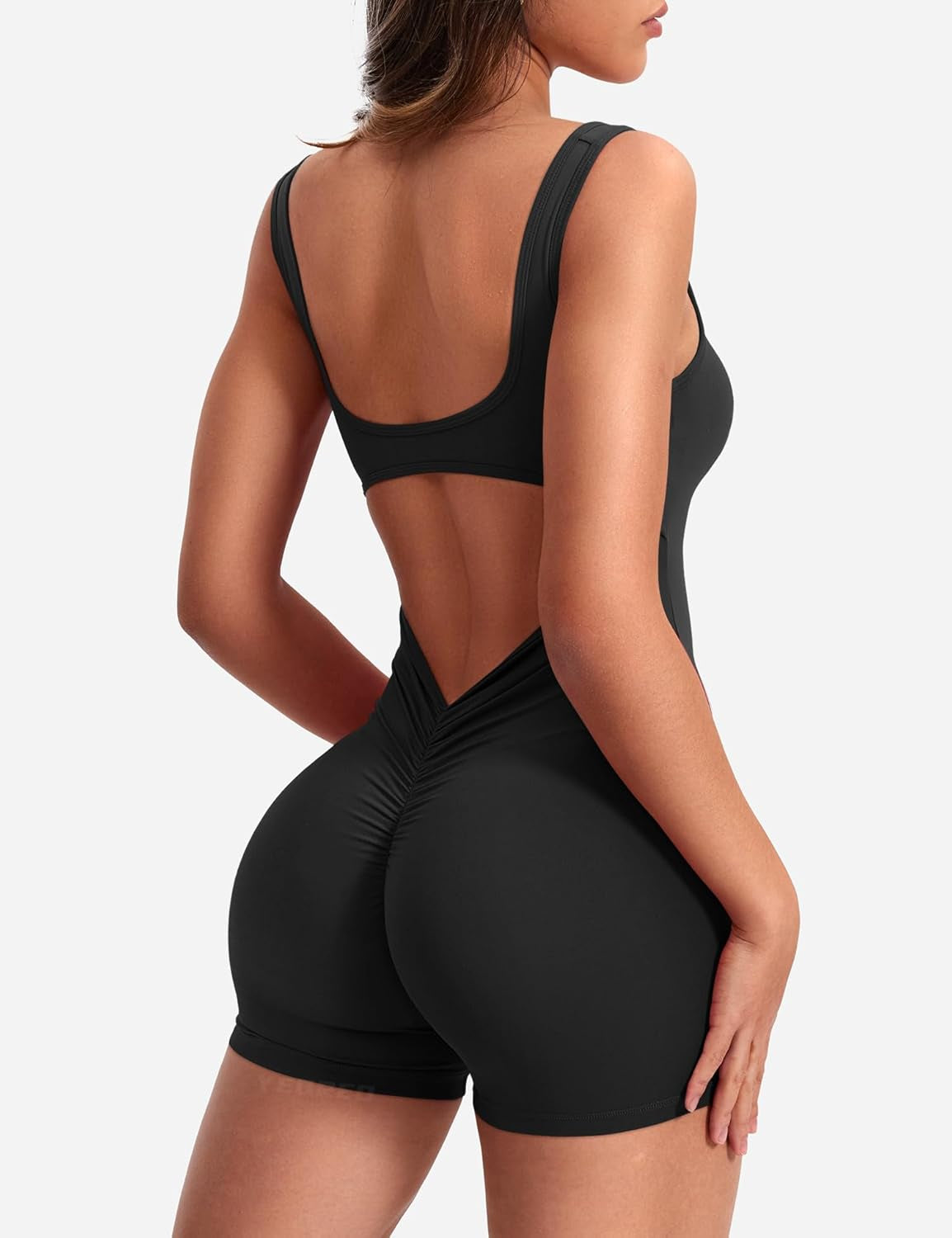 Chic Backless Workout Jumpsuit Women's Tummy Control Sleeveless Lizette V-Back Scrunch Yoga Romper