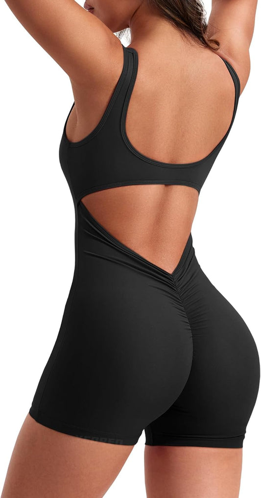 Chic Backless Workout Jumpsuit Women's Tummy Control Sleeveless Lizette V-Back Scrunch Yoga Romper