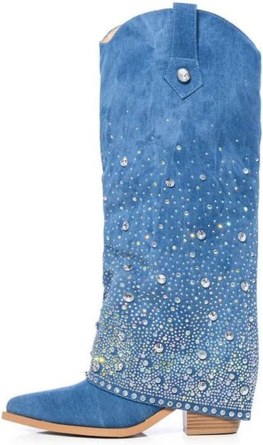 Women'S Sparkly Rhinestone Cowboy Western Denim Boots Knee High Pointed Toe Pull-On Jean Boots