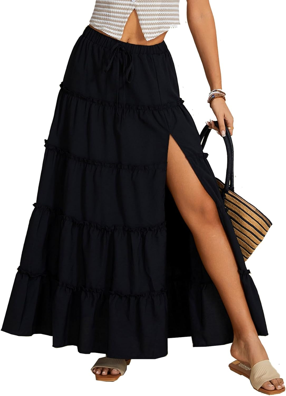 Women'S Elastic Waist Tie Front Tiered Ruffle Hem Long Maxi Skirt Y2K Split Thigh Flowy Skirts