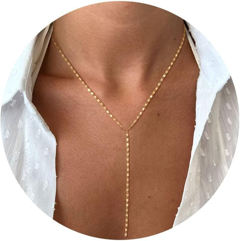 Lariat Gold Necklace for Women, Dainty Long Necklace 14K Gold Plated/Silver Y-Shaped Pendant Necklace Trendy Layered Cz Beaded Chain Drop Necklaces Simple Gold Jewelry for Women Gift
