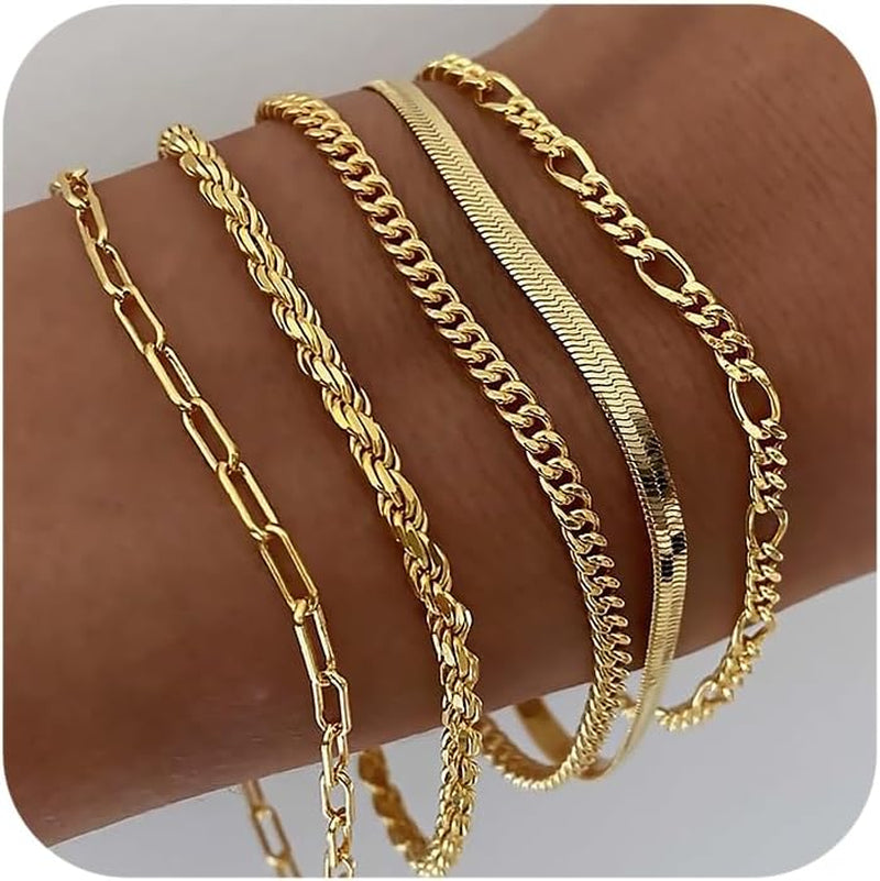 Gold Bracelets for Women Waterproof, 14K Real Gold Jewelry Sets Trendy Thin Dainty Stackable Cuban Link Paperclip Chain Bracelet Pack Fashion Accessories Gifts for Womens