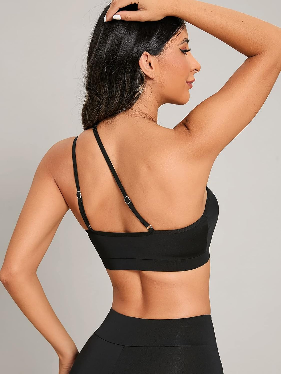 Trendy One-Shoulder Sports Bra Contrast Mesh Yoga Top for Light Support & Stylish Comfort 