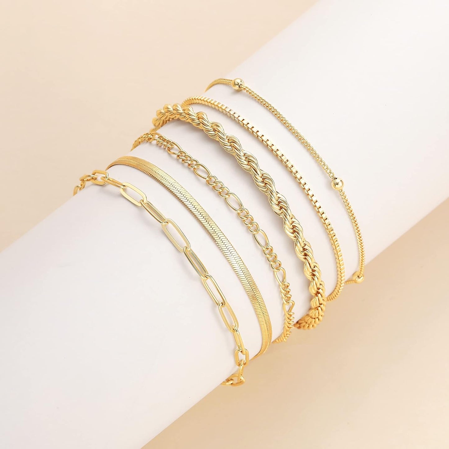 Gold Bracelets for Women Waterproof, 14K Real Gold Jewelry Sets Trendy Thin Dainty Stackable Cuban Link Paperclip Chain Bracelet Pack Fashion Accessories Gifts for Womens