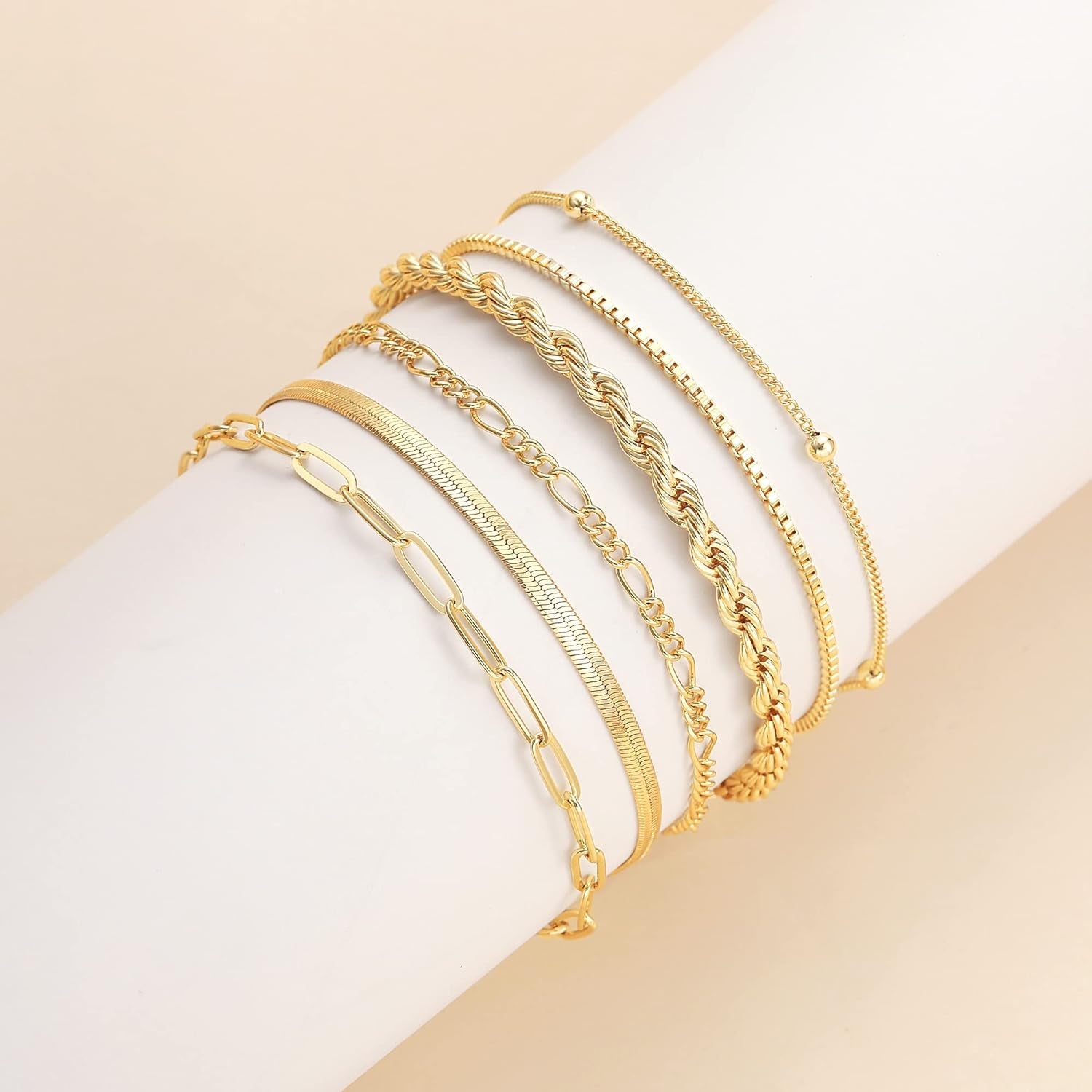 Gold Bracelets for Women Waterproof, 14K Real Gold Jewelry Sets Trendy Thin Dainty Stackable Cuban Link Paperclip Chain Bracelet Pack Fashion Accessories Gifts for Womens