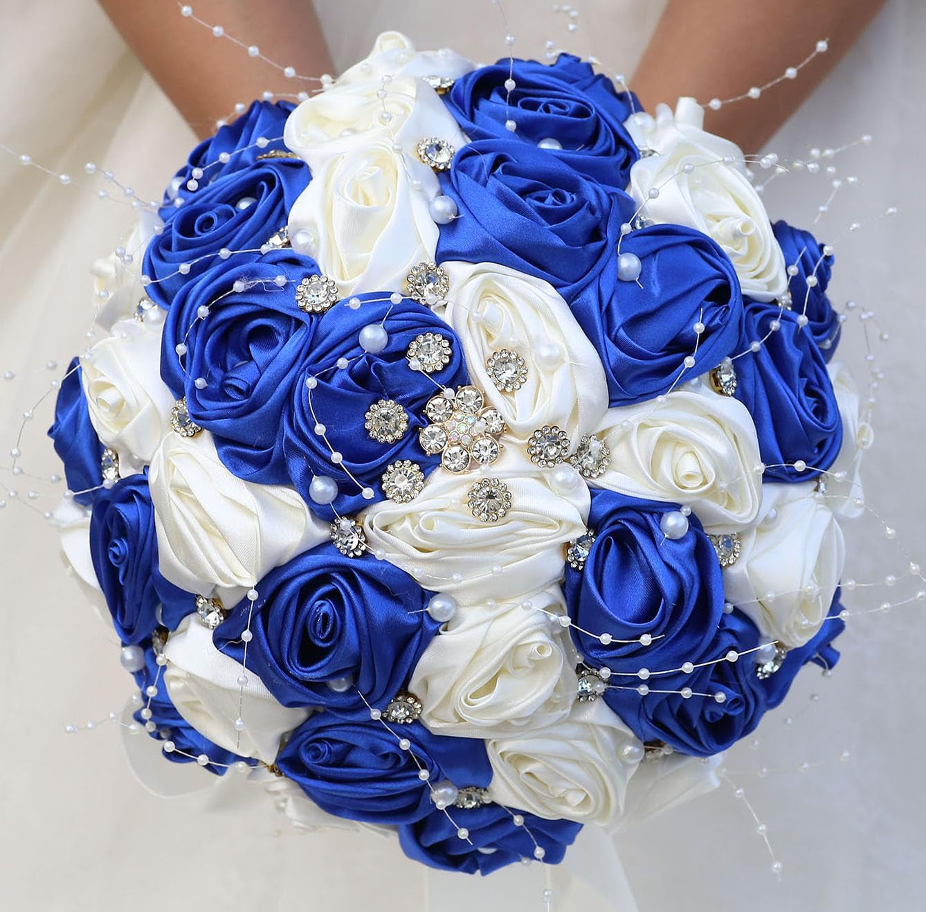 Bridal Wedding Bouquet round Bling Brooch Bouquet Throw Toss Artificial Rose Flower Bunch for Bride Bridesmaid Wedding Quinceanera(White & Black, 7.5")